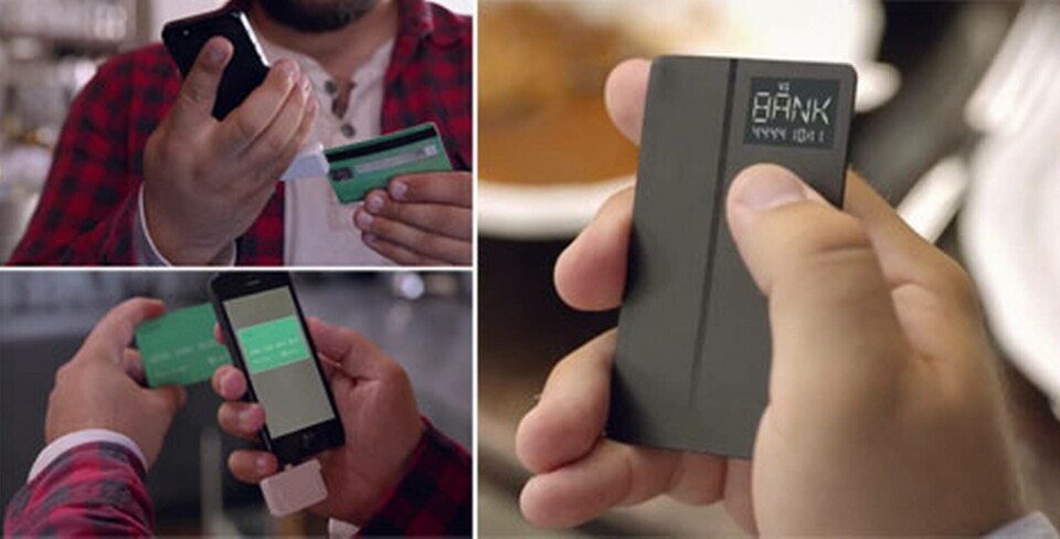En kortläsare kopplad till mobilen kopierar data från ett kreditkort och överför den till det nya kortet Coin. Foto: Coin En kortläsare kopplad till mobilen kopierar data från ett kreditkort och överför den till det nya kortet Coin. Foto: Coin