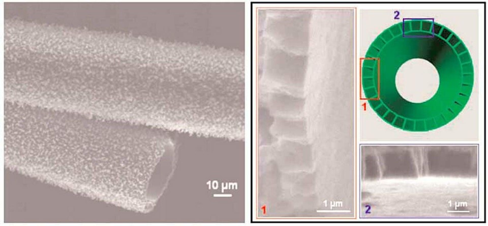 Elektronmikroskopet avslöjar ett nanorör, med en diameter som är mellan 4000 till 10 000 gånger större än ett vanligt nanorör. Tvärsnittet visar den porösa strukturen. Foto: Sandia/ LANL Elektronmikroskopet avslöjar ett nanorör, med en diameter som är mellan 4000 till 10 000 gånger större än ett vanligt nanorör. Tvärsnittet visar den porösa strukturen. Foto: Sandia/ LANL