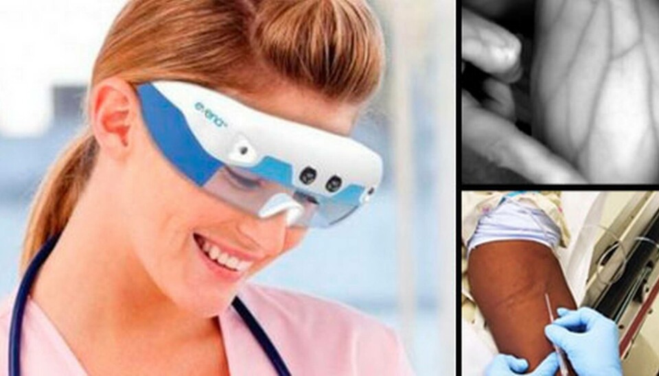 Glasögonen sänder ut infrarött ljus som upptäcker även djupt liggande blodkärl. Foto: Evena Medical. Glasögonen sänder ut infrarött ljus som upptäcker även djupt liggande blodkärl. Foto: Evena Medical.