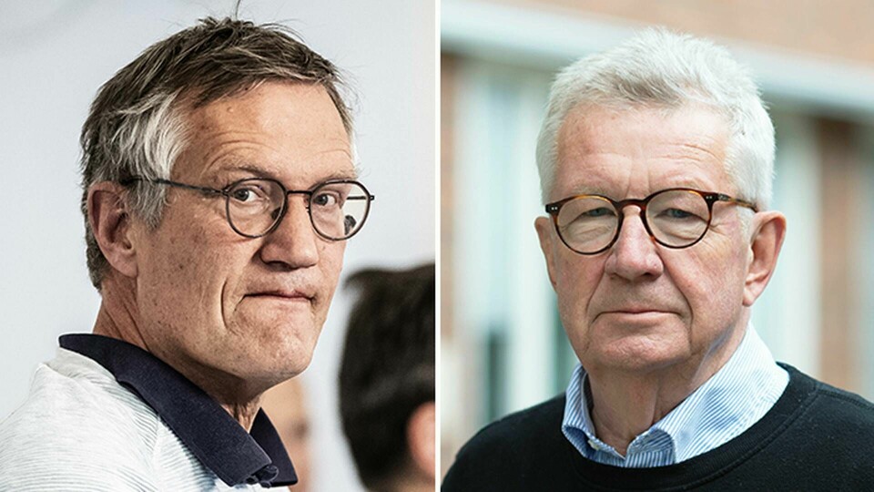 Statsepidemiologen Anders Tegnell (till vänster) och Johan Giesecke, tidigare statsepidemiolog. Foto: TT