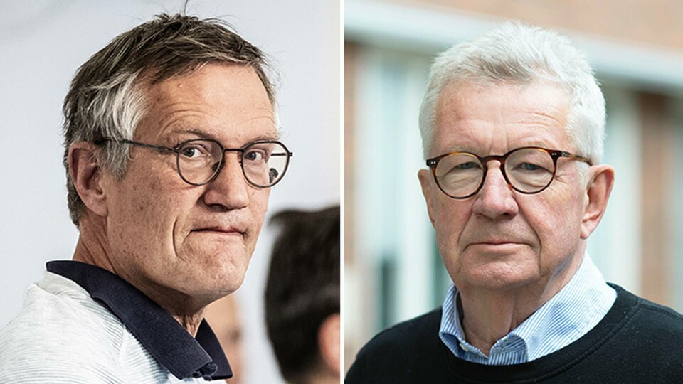 Statsepidemiologen Anders Tegnell (till vänster) och Johan Giesecke, tidigare statsepidemiolog. Foto: TT Statsepidemiologen Anders Tegnell (till vänster) och Johan Giesecke, tidigare statsepidemiolog. Foto: TT