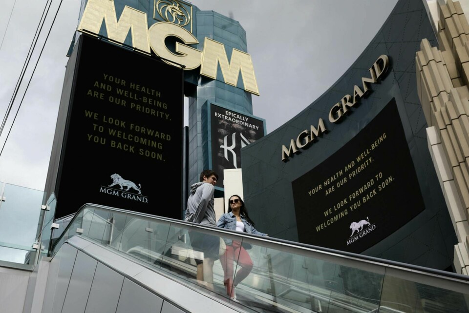 Bild utanför MGM:s Grand Hotell Kasino den 16 mars 2020 när det stängde på grund av pandemin. Arkivbild. Foto: John Locher