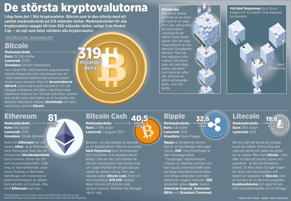 Här är de största kryptovalutorna. Grafik: Jonas Askergren, fakta: Peter Ottsjö Här är de största kryptovalutorna. Grafik: Jonas Askergren, fakta: Peter Ottsjö