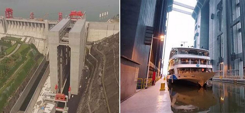 Världens största fartygshiss är 113 meter hög och lyfter 3 000 ton. Foto: CCTV Världens största fartygshiss är 113 meter hög och lyfter 3 000 ton. Foto: CCTV