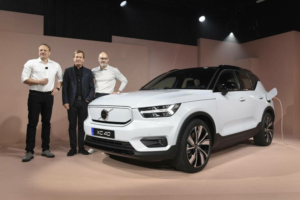 Lanseringen av Volvos första bil för massprodukton, XC40 P8 Recharge. På bilden Henrik Green, teknikchef, Håkan Samuelsson, vd och Björn Annwall, chef för Emea-regionen. Foto: Michael Owen Baker Lanseringen av Volvos första bil för massprodukton, XC40 P8 Recharge. På bilden Henrik Green, teknikchef, Håkan Samuelsson, vd och Björn Annwall, chef för Emea-regionen. Foto: Michael Owen Baker