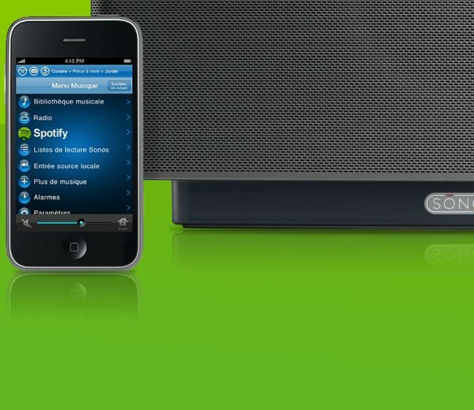 Spotify i Sonos musikanläggning fjärrstyrs från Iphone (klicka på bilden).