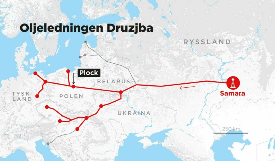 Kartan visar oljeledningen Druzjbas sträckning från Samara till västra Europa. Foto: Anders Humlebo