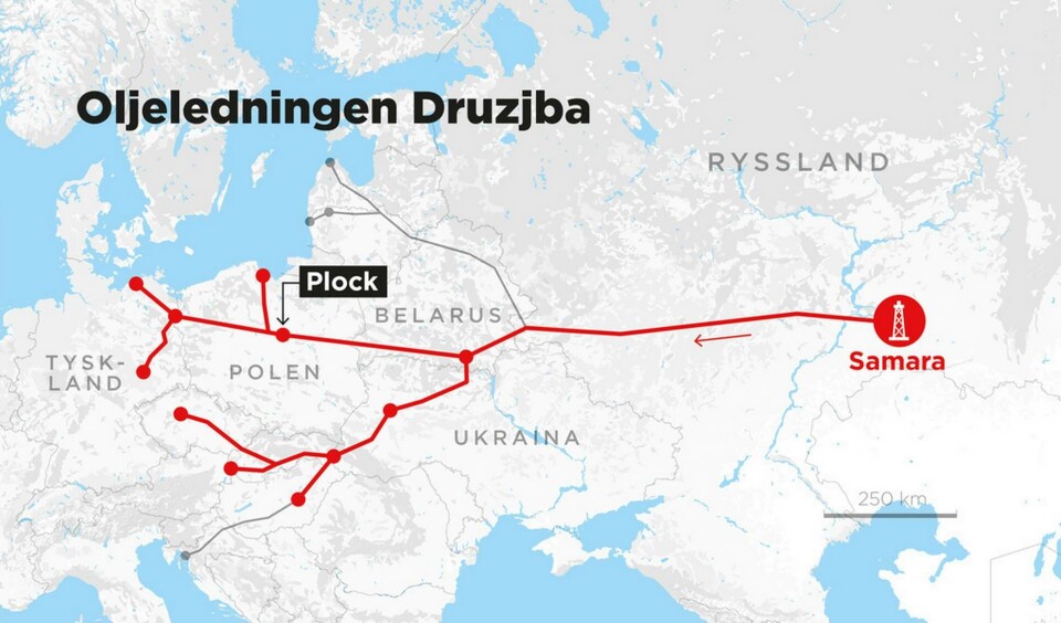 Kartan visar oljeledningen Druzjbas sträckning från Samara till västra Europa. Foto: Anders Humlebo Kartan visar oljeledningen Druzjbas sträckning från Samara till västra Europa. Foto: Anders Humlebo