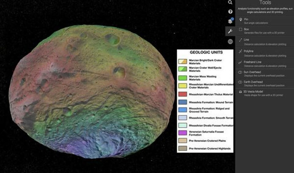 I webbtjänsten Vesta Trek kan man bland annat granska geologin på den stora asteroiden. Foto: Nasa I webbtjänsten Vesta Trek kan man bland annat granska geologin på den stora asteroiden. Foto: Nasa