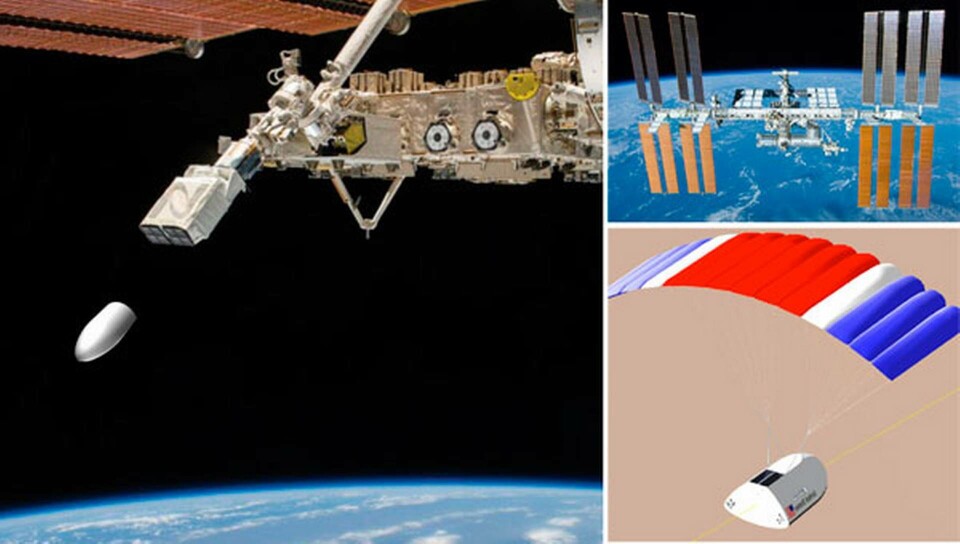 Transportkapseln från rymdstationen landas på jorden med en styrbar fallskärm. Foto: Intuitive Machines & Nasa Transportkapseln från rymdstationen landas på jorden med en styrbar fallskärm. Foto: Intuitive Machines & Nasa