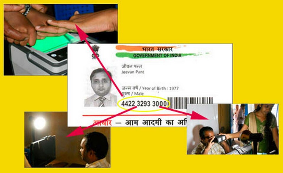 En tolvsiffrig kod är kopplad till data som innehåller fingeravtryck, fotografi och skannade bilder av ögonen från den person som vill identifiera sig. Foto: UIDAI & Kannanshanmugam, shanmugamstudio, Kollam En tolvsiffrig kod är kopplad till data som innehåller fingeravtryck, fotografi och skannade bilder av ögonen från den person som vill identifiera sig. Foto: UIDAI & Kannanshanmugam, shanmugamstudio, Kollam