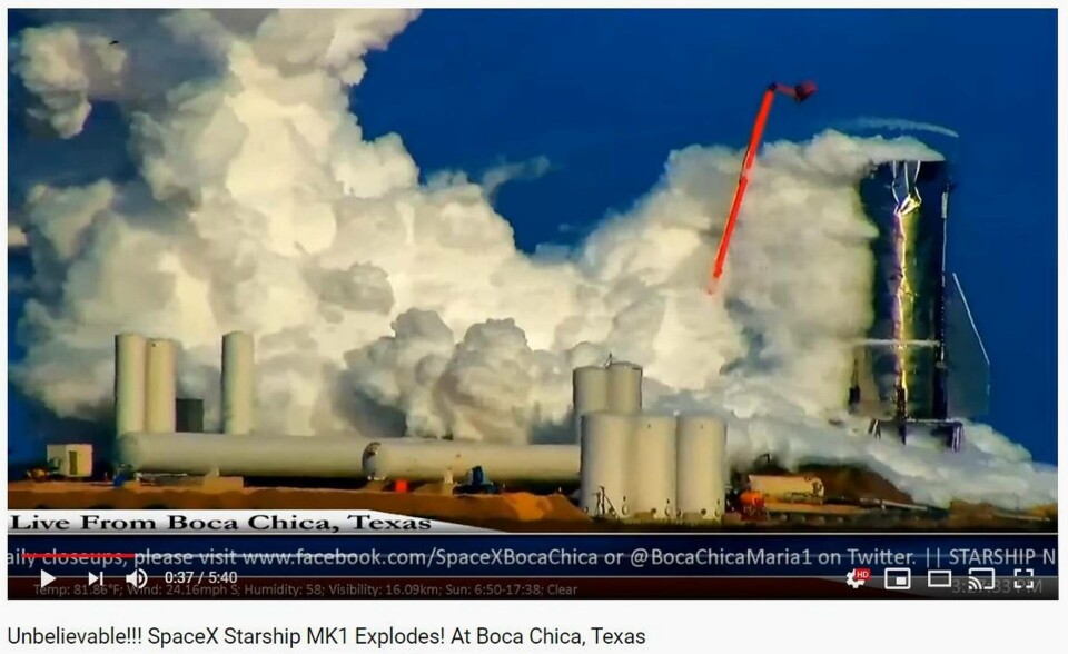Skärmdump från en video som togs under Spacex marktester. Toppen på rymdfärjan ska ha flugit över 100 meter upp i luften. Foto: LabPadre/Youtube Skärmdump från en video som togs under Spacex marktester. Toppen på rymdfärjan ska ha flugit över 100 meter upp i luften. Foto: LabPadre/Youtube