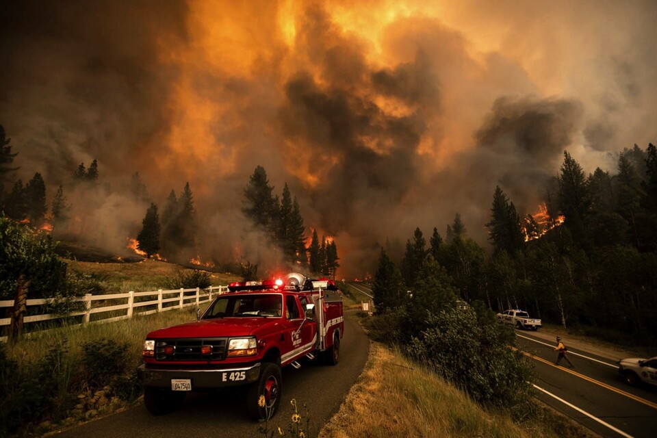 En av alla bränder som just nu härjar i Kalifornien, här i Alpine County i lördags. Foto: Noah Berger/AP/TT En av alla bränder som just nu härjar i Kalifornien, här i Alpine County i lördags. Foto: Noah Berger/AP/TT