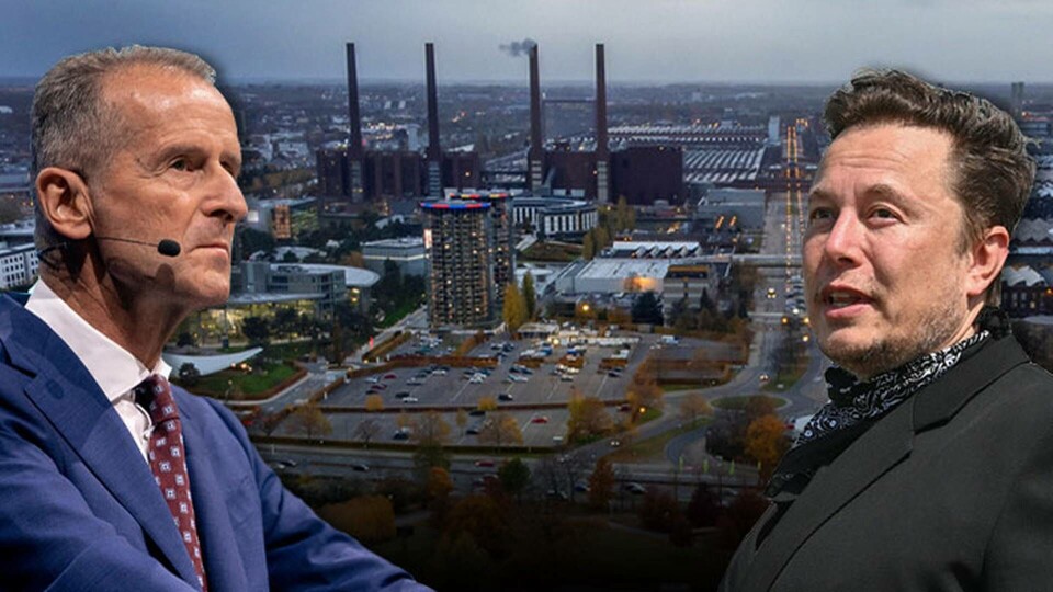 Volkswagen utvärderar möjligheten att bygga en särskild elbilsfabrik i Wolfsburg. Till vänster: Volkswagens vd Herbert Diess. Till höger: Teslas vd Elon Musk. (Montage) Foto: Michael Sohn/AP/TT Volkswagen utvärderar möjligheten att bygga en särskild elbilsfabrik i Wolfsburg. Till vänster: Volkswagens vd Herbert Diess. Till höger: Teslas vd Elon Musk. (Montage) Foto: Michael Sohn/AP/TT