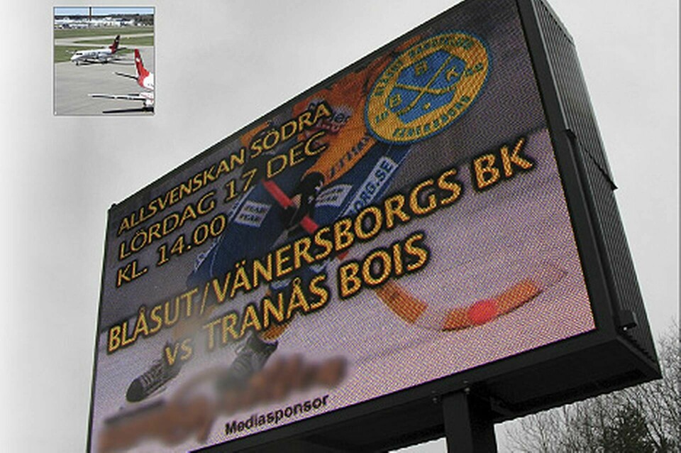 Reklamskyltarna vid Trollhättan-Vänersborgs flygplats stör radiokommunikationen. Mätningar har visat att radiostörningarna ligger högt över de tillåtna nivåerna. Foto: Elsäkerhetsverket