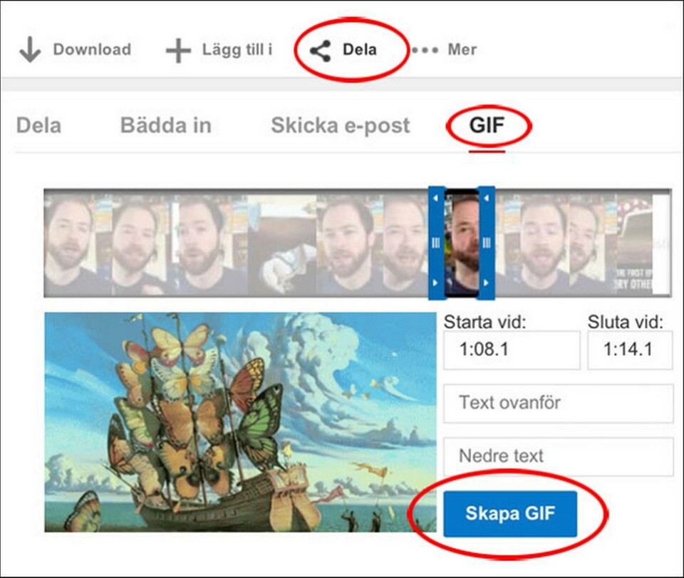 På videosidan i Youtube klickar man 'Dela' och sedan 'GIF'. Därefter väljs en max sex sekunder lång sekvens från videon. Sedan är det bara att 'Skapa GIF'. På videosidan i Youtube klickar man 'Dela' och sedan 'GIF'. Därefter väljs en max sex sekunder lång sekvens från videon. Sedan är det bara att 'Skapa GIF'.