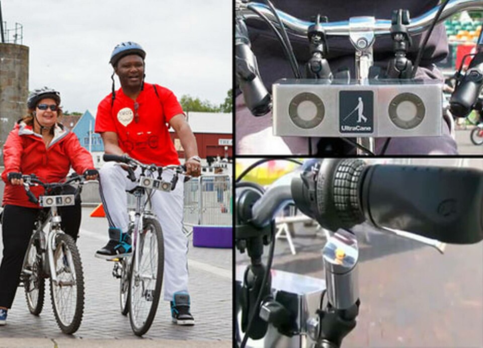 Med ultraljud mäts avstånd till hinder och vibrerande knappar vid cykelstyret visar hur man ska svänga om man inte kan se. Foto: Sound Foresight Technology Med ultraljud mäts avstånd till hinder och vibrerande knappar vid cykelstyret visar hur man ska svänga om man inte kan se. Foto: Sound Foresight Technology