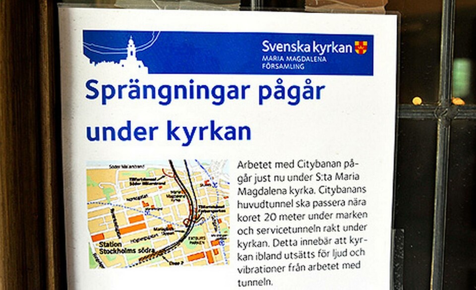 Sprängningar under arbetet med citybanan skadar Maria Magdalena kyrka. Foto: Foto: Tomas Oneborg / SvD / Scanpix Sprängningar under arbetet med citybanan skadar Maria Magdalena kyrka. Foto: Foto: Tomas Oneborg / SvD / Scanpix