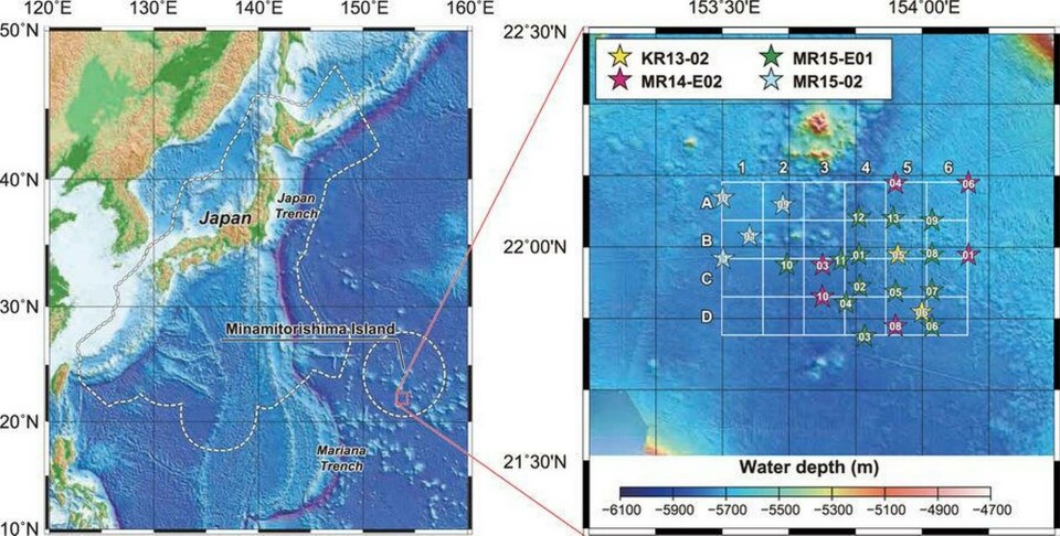 Forskare har hittat en stor mängd sällsynta jordartsmetaller utanför Japans kust. Foto: Scientific Reporter/Takaya et al Forskare har hittat en stor mängd sällsynta jordartsmetaller utanför Japans kust. Foto: Scientific Reporter/Takaya et al