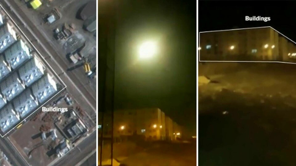 På torsdagen publicerades ett videoklipp som tycks visa hur en iransk robot träffar ett plan som flyger över staden Pandar, nordväst om Teherans internationella flygplats. (Bilderna till höger och vänster ur New York Times och Bellingcats tweets) Foto: Nariman Gharib via AP / TT