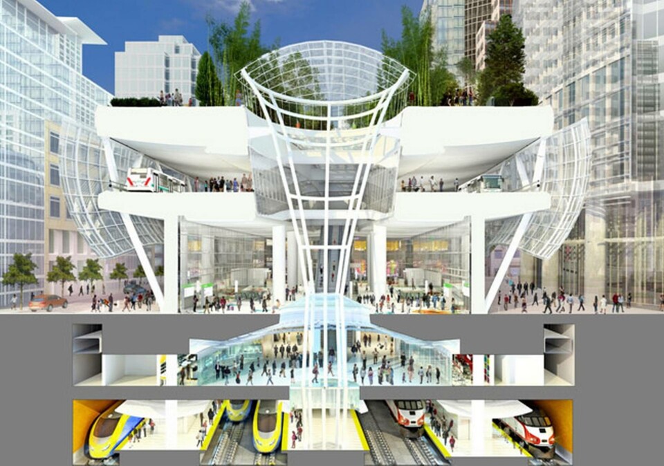 Aritektskiss över Transbay Center med sin underjordiska järnvägsstation. Foto: Transbay Center Aritektskiss över Transbay Center med sin underjordiska järnvägsstation. Foto: Transbay Center