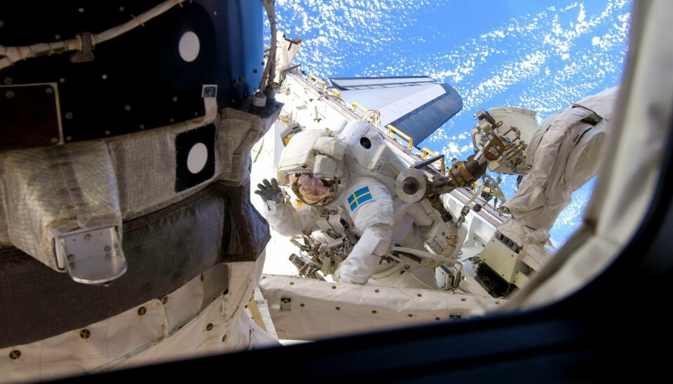Svenska astronauten Christer Fuglesang 2009, under en rymdpromenad på ISS.