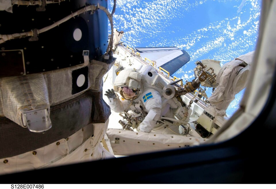 Svenska astronauten Christer Fuglesang 2009, under en rymdpromenad på ISS. Foto: Nasa