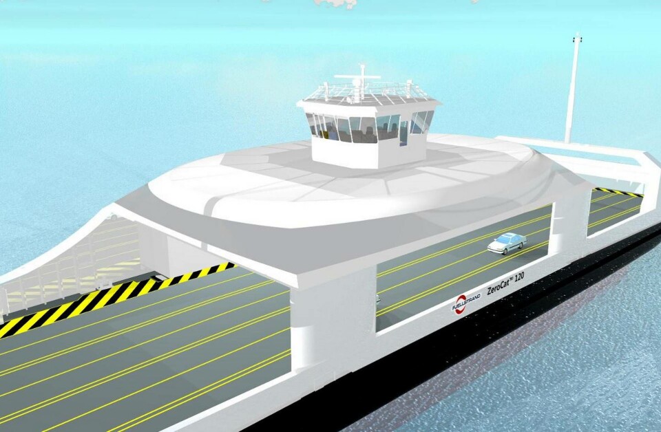 En konceptskiss av en elektrisk och självseglande färja som Kongsberg maritime nu ska påbörja forskning kring. Foto: Kongsberg En konceptskiss av en elektrisk och självseglande färja som Kongsberg maritime nu ska påbörja forskning kring. Foto: Kongsberg