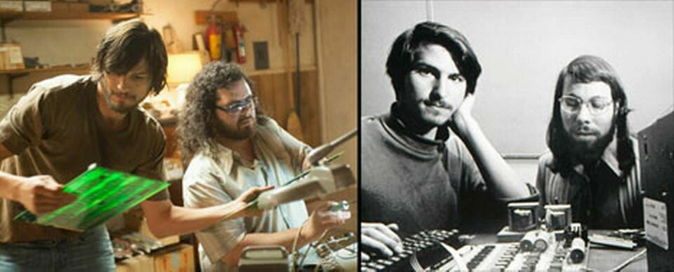 Till vänster Steve Jobs och Steve Wozniak i spelfilmen om Apples grundare. Till höger hur de såg ut i verkligheten. Foto: Open Road Films & Scanpix