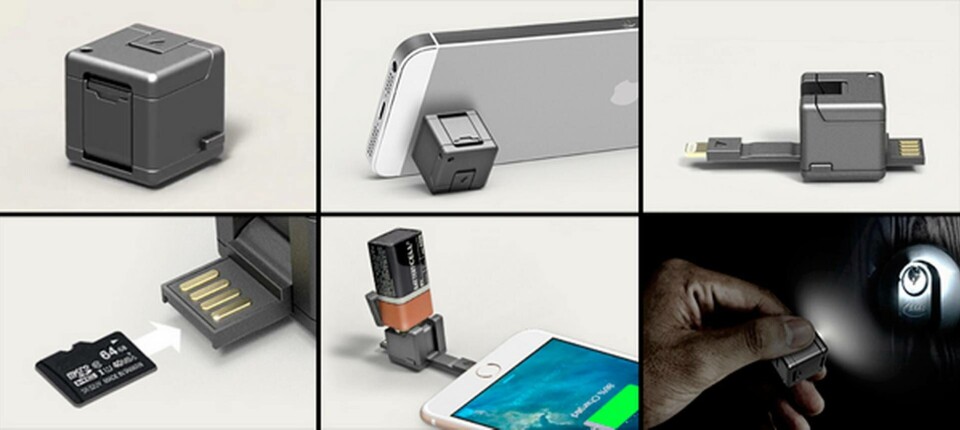 Kuben med sidan 2,5 cm rymmer många praktiska mobiltillbehör som laddare där ett 9-voltsbatteri ger energin. Foto: Wondercube Kuben med sidan 2,5 cm rymmer många praktiska mobiltillbehör som laddare där ett 9-voltsbatteri ger energin. Foto: Wondercube