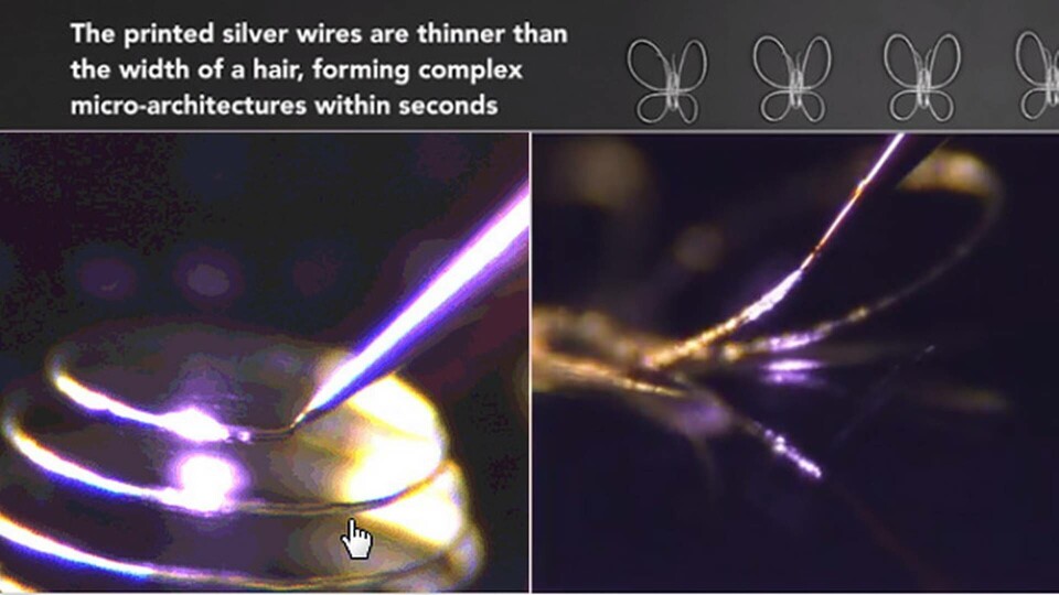 3d-skrivaren skapar metallkonstruktioner ur tomma luften. Bild ur Harvards Wyss Institutes webbfilm. 3d-skrivaren skapar metallkonstruktioner ur tomma luften. Bild ur Harvards Wyss Institutes webbfilm.