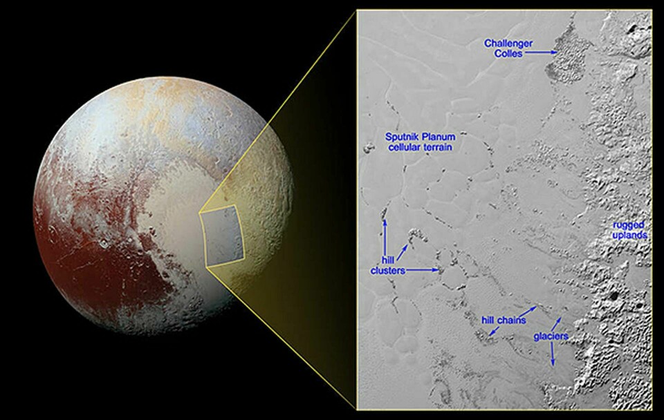 Foto av Pluto med karta över området där kullarna befinner sig. Foto: Nasa