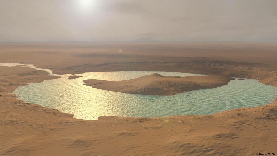 Visualisering av Gale Crater för 3,5 miljarder år sedan. Foto: Kevin Gill Visualisering av Gale Crater för 3,5 miljarder år sedan. Foto: Kevin Gill