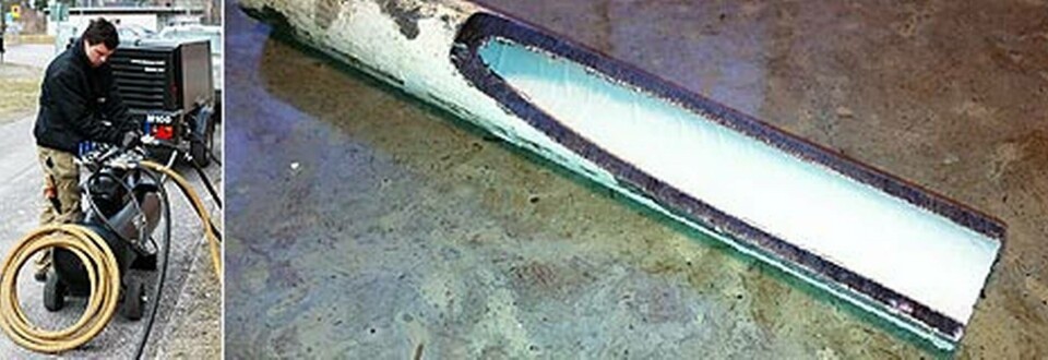 Tv: Gustav Wijkander arbetar med rörinfodring på HWQ Relining Systems. Th: Ett nytt ytskikt i rören är billigare än ett traditionellt stambyte. Den nya kiselbeläggningen kan ersätta epoxiplasten, som innehåller det hormonstörande ämnet bisfenol A. Tv: Gustav Wijkander arbetar med rörinfodring på HWQ Relining Systems. Th: Ett nytt ytskikt i rören är billigare än ett traditionellt stambyte. Den nya kiselbeläggningen kan ersätta epoxiplasten, som innehåller det hormonstörande ämnet bisfenol A.