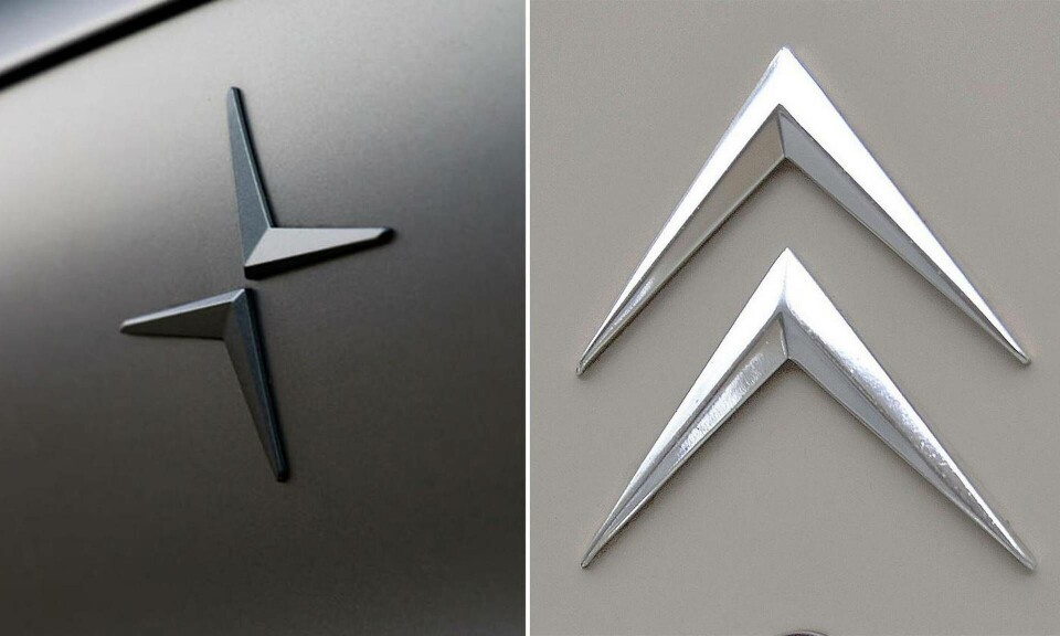 Polestars logga till vänster, Citroëns till höger. Foto: Polestar / Matthias v.d. Elbe Polestars logga till vänster, Citroëns till höger. Foto: Polestar / Matthias v.d. Elbe