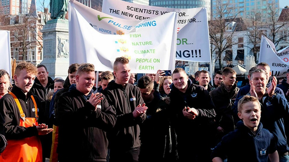 Nederländska fiskare demonstrerar för fortsatt 'el-fiske' utanför parlamentet i Haag. Foto: TT