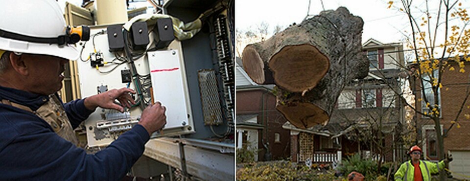 Nästan 60?000 reparatörer och trädröjare var sysselsatta med röjningsarbetet efter att stormen Sandy drog fram över Nordamerika i förra veckan. Foto: John Minchillo och Frank Gunn/Scanpix