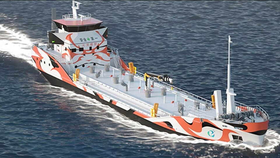 Illustration av det planerade eldrivna tankfartyget. Foto: Mitsubishi Illustration av det planerade eldrivna tankfartyget. Foto: Mitsubishi