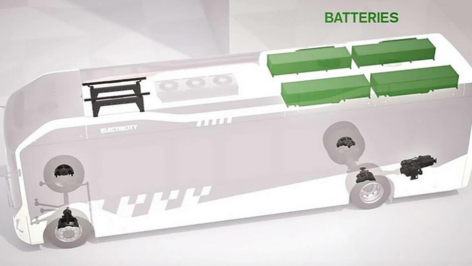 Elbussarna, som går på linje 55 i Göteborg, har fyra batterier vardera. Illustration: Volvo Bussar Elbussarna, som går på linje 55 i Göteborg, har fyra batterier vardera. Illustration: Volvo Bussar