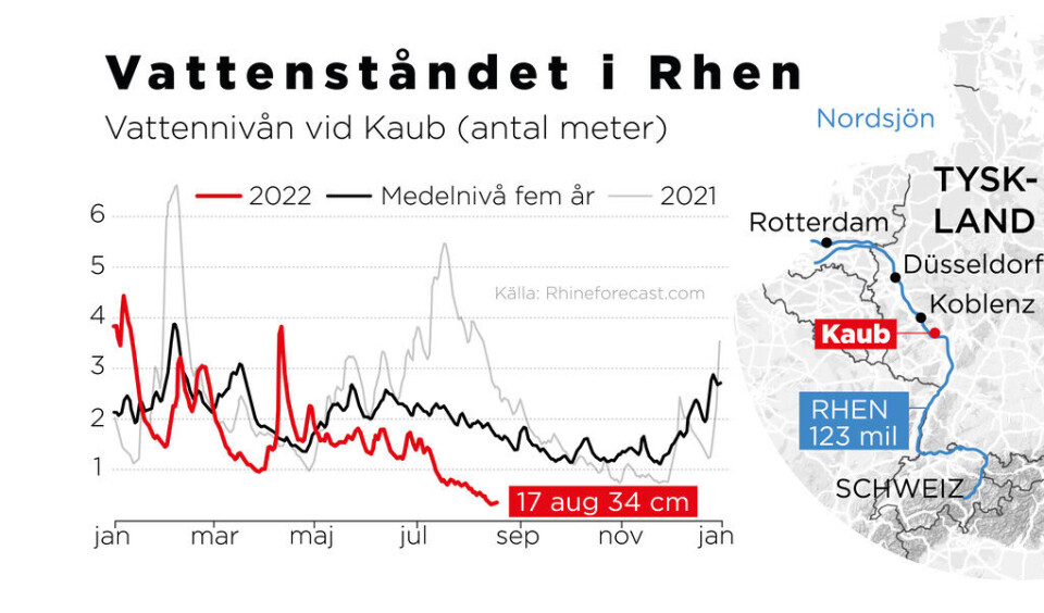 Vattennivån vid Kaub i floden Rhen i Tyskland. Foto: Anna-Lena Lindqvist/TT Vattennivån vid Kaub i floden Rhen i Tyskland. Foto: Anna-Lena Lindqvist/TT