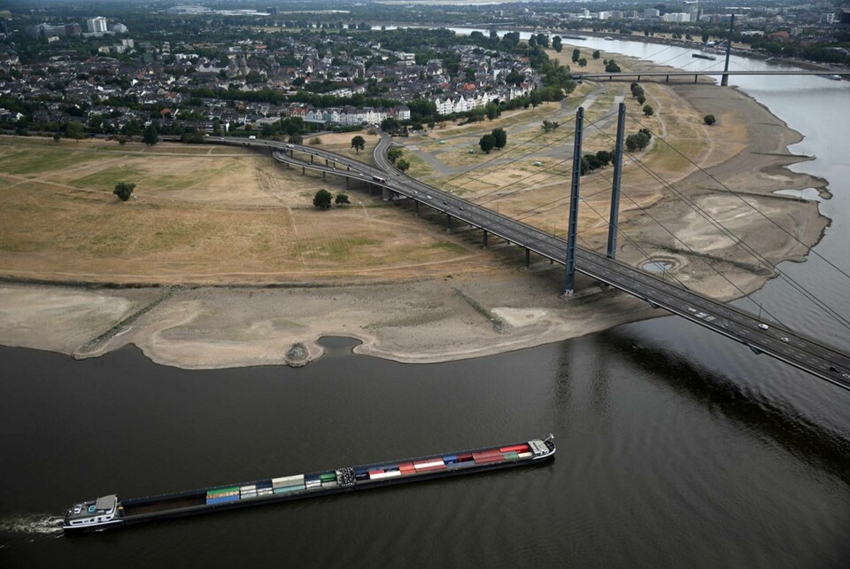 Ett fraktfartyg på Rhen genom Düsseldorf tidigare i veckan. De låga vattennivåerna i floden hotar nu den tyska industriproduktionen. Foto: Federico Gambarini/AP/TT