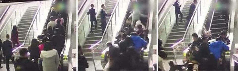 När den uppåtgående rulltrappan plötsligt vände neråt skapades stort kaos. Foto: CCTV När den uppåtgående rulltrappan plötsligt vände neråt skapades stort kaos. Foto: CCTV