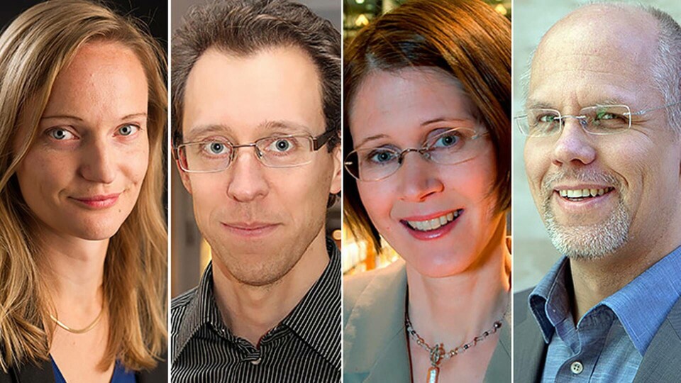 Från vänster: Hanna Karlsson, med dr, Karolinska Institutet, Mattias Öberg, docent, Karolinska Institutet, Ulrica Edlund, docent, KTH och Thomas Backhaus, professor, Göteborgs Universitet. Från vänster: Hanna Karlsson, med dr, Karolinska Institutet, Mattias Öberg, docent, Karolinska Institutet, Ulrica Edlund, docent, KTH och Thomas Backhaus, professor, Göteborgs Universitet.