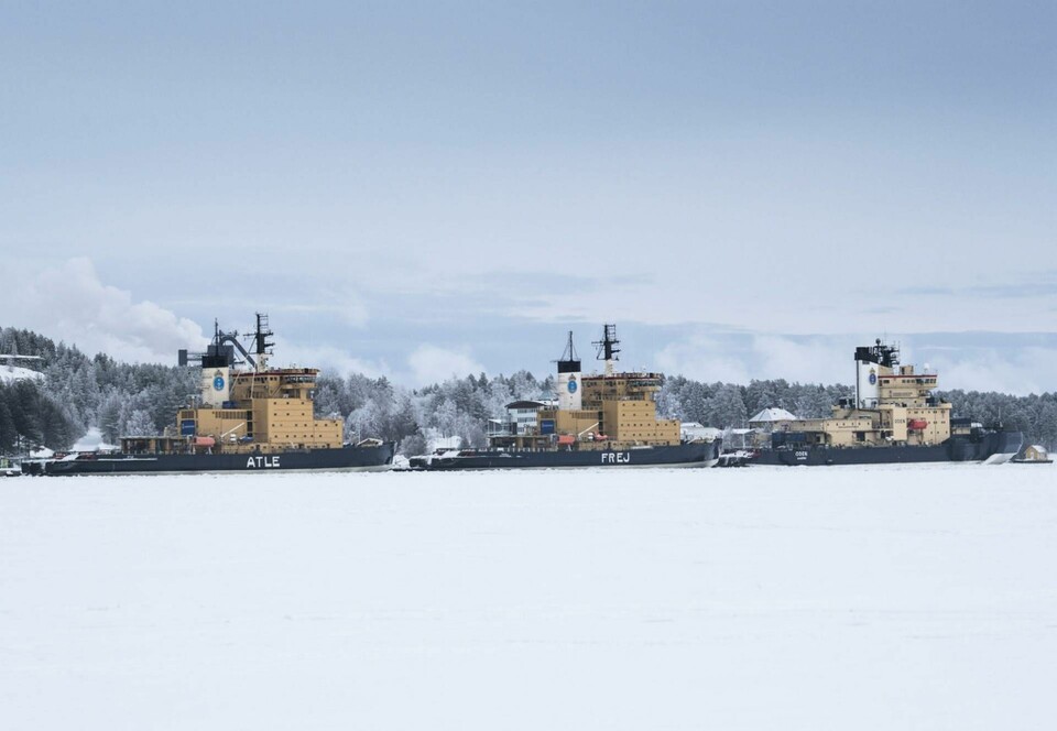 De fem isbrytarna ligger nu vid i Luleå efter avslutad säsong. Ale är fortfarande i beredskap om Finland skulle behöva hjälp. Arkivbild. Foto: Pontus Lundahl/TT