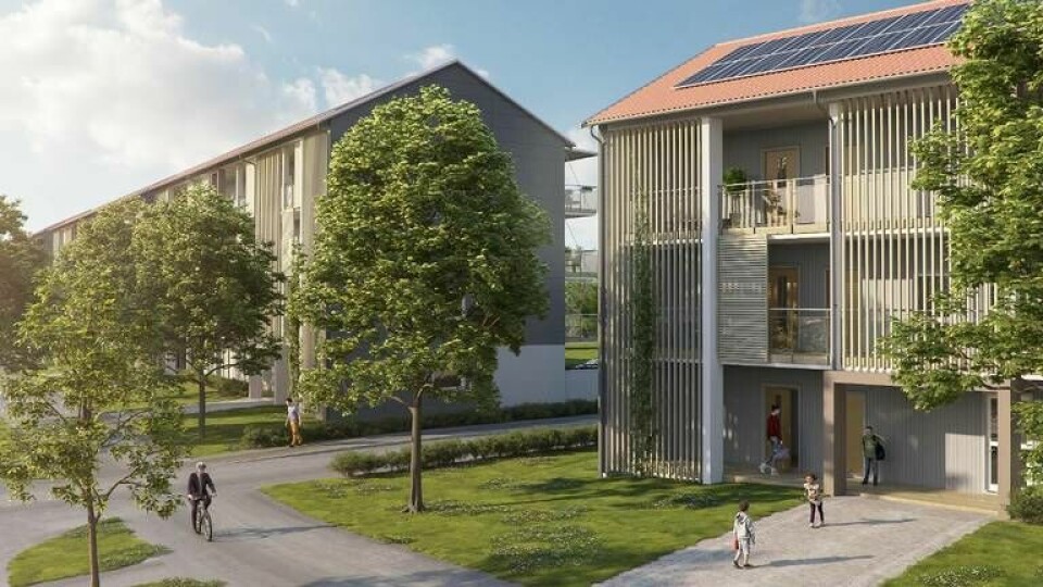 Det första av Bokloks byggprojekt som förses med solceller är Esplanaden i Upplands Väsby som byggs just nu. Inflyttning beräknas till oktober 2018. Foto: Boklok