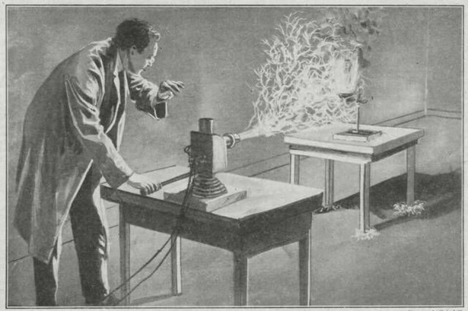 Illustration som visar hur Matthews testar strålen på en liten måltavla. Foto: TT