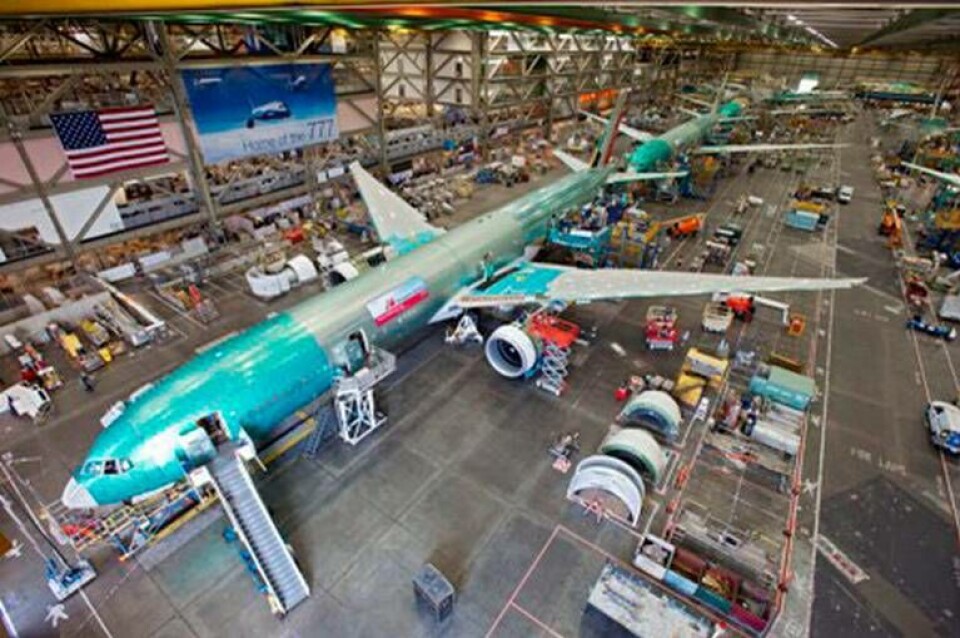 Boeings fabrik för nuvarande modell av 777 i Everett. Foto: Boeing Boeings fabrik för nuvarande modell av 777 i Everett. Foto: Boeing