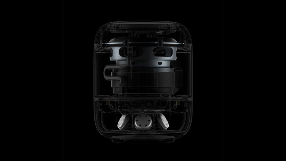 Homepod har en woofer på fyra tum, en kraftfull motor, inbyggd bas-EQ-mikrofon och fem strålformande diskanthögtalare i botten. Foto: Press Homepod har en woofer på fyra tum, en kraftfull motor, inbyggd bas-EQ-mikrofon och fem strålformande diskanthögtalare i botten. Foto: Press