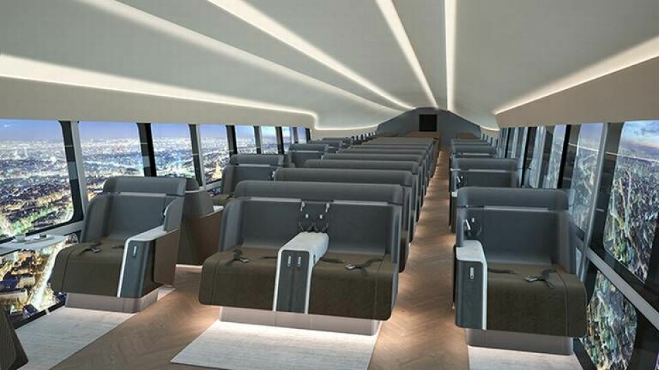 Illustration av interiör i en 90-passagerarkabin i Hybrid Air Vehicles luftskepp. Foto: Hybrid Air Vehicles