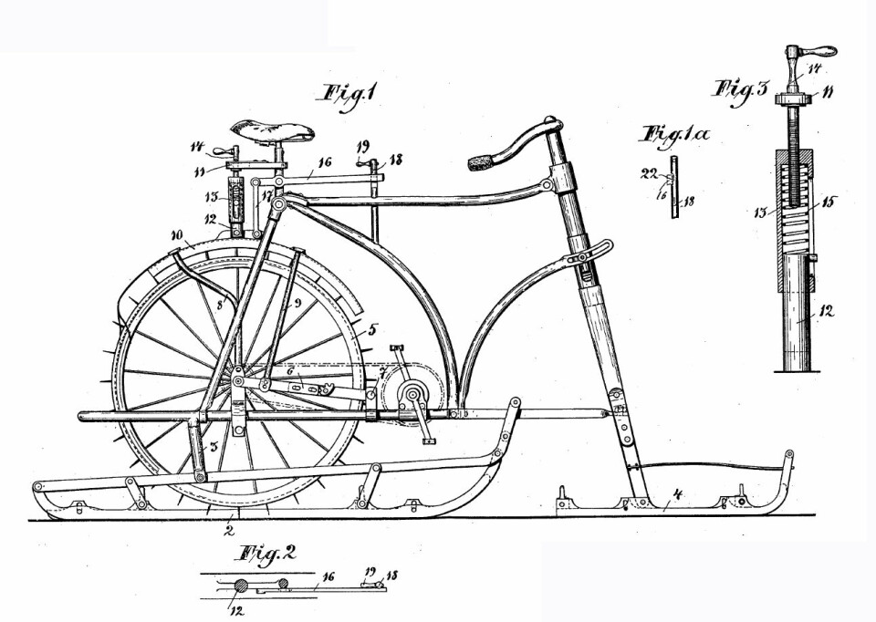 C W Larssons isvelicoped med spikar i stället för däck och två skidor hyllades av pressen och patenterades 1898.